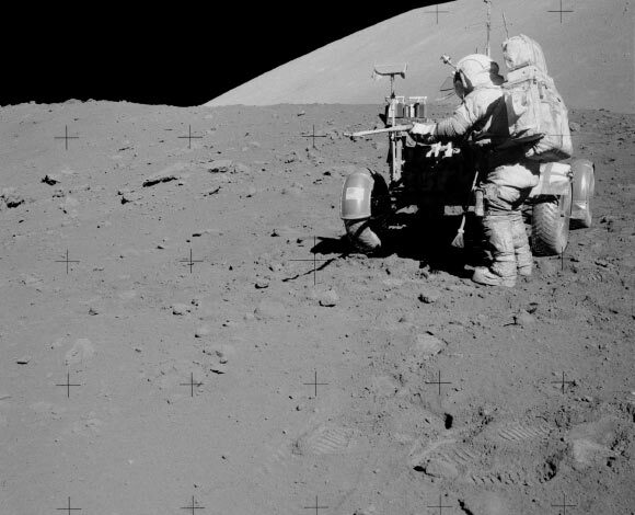 Commander Eugene Cernan retrieves a drive tube from the Lunar Roving Vehicle during an Apollo 17 EVA. Image credit: NASA.