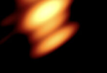 This RadioAstron map two supermassive black holes at the center of OJ 287, a galaxy located about 5 billion light-years away in the constellation of Cancer: if the central component corresponds to the primary black hole, then the next one upwards marks the secondary black hole, and the highest component represents a knot in its jet; the elongation of the individual components is not real, but is a reflection of the beam shape. Image credit: Valtonen et al., doi: 10.3847/1538-4357/ae057e.