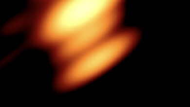This RadioAstron map two supermassive black holes at the center of OJ 287, a galaxy located about 5 billion light-years away in the constellation of Cancer: if the central component corresponds to the primary black hole, then the next one upwards marks the secondary black hole, and the highest component represents a knot in its jet; the elongation of the individual components is not real, but is a reflection of the beam shape. Image credit: Valtonen et al., doi: 10.3847/1538-4357/ae057e.