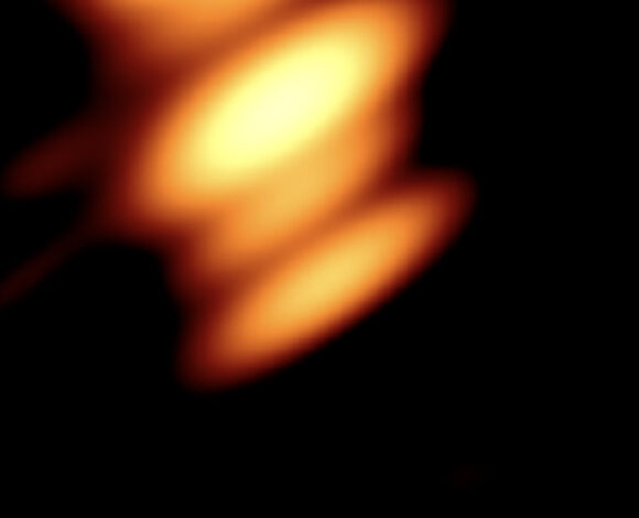 This RadioAstron map two supermassive black holes at the center of OJ 287, a galaxy located about 5 billion light-years away in the constellation of Cancer: if the central component corresponds to the primary black hole, then the next one upwards marks the secondary black hole, and the highest component represents a knot in its jet; the elongation of the individual components is not real, but is a reflection of the beam shape. Image credit: Valtonen et al., doi: 10.3847/1538-4357/ae057e.